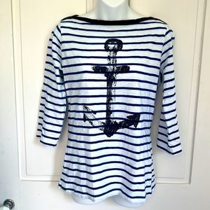 Hatley Nautical Stripe Cotton Top Cobalt Royal blue white w Anchor print Medium